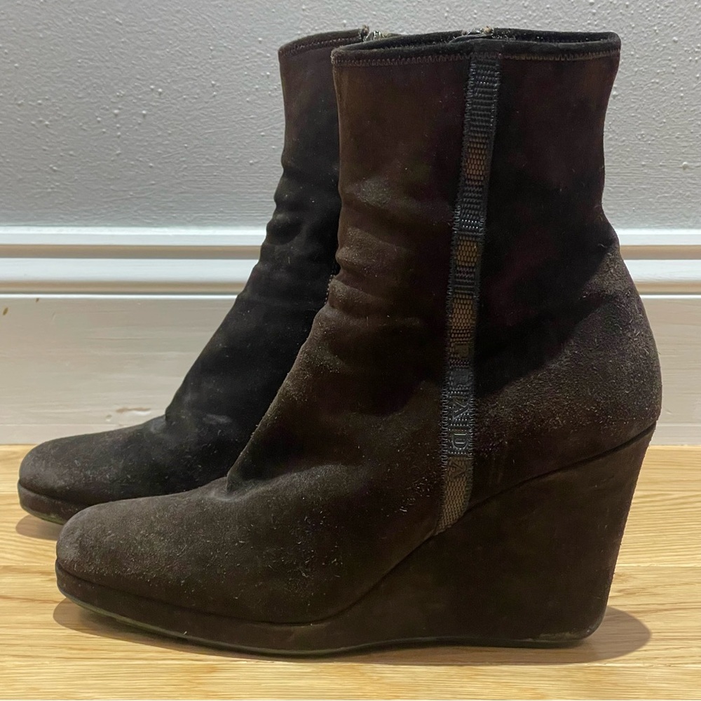 Prada Sport Brown Suede Ankle Sock Wedge Boots - Size 8